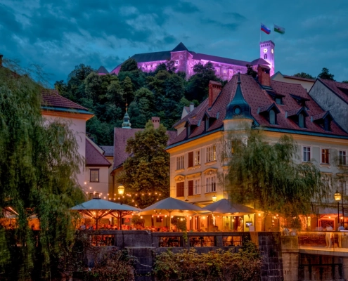 Ljubljana in the night, castle in the background with beautiful lights