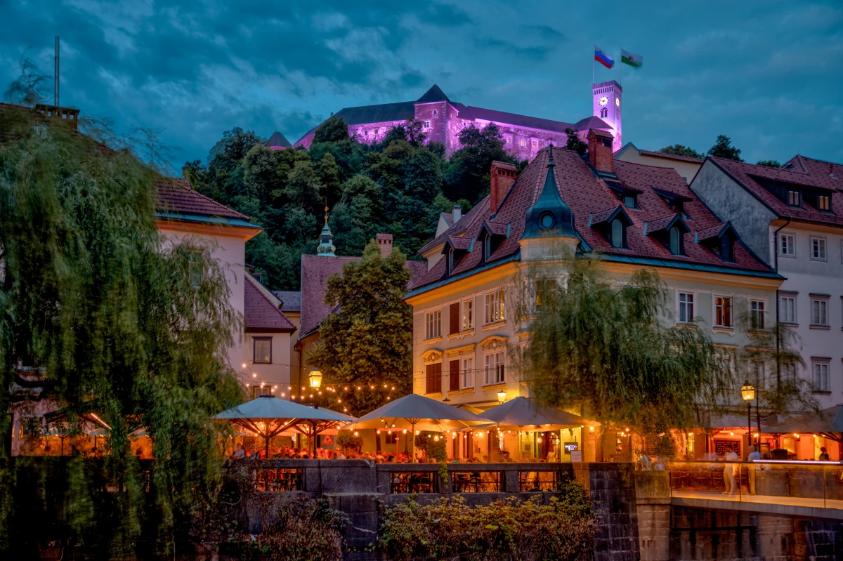 Ljubljana in the night, castle in the background with beautiful lights