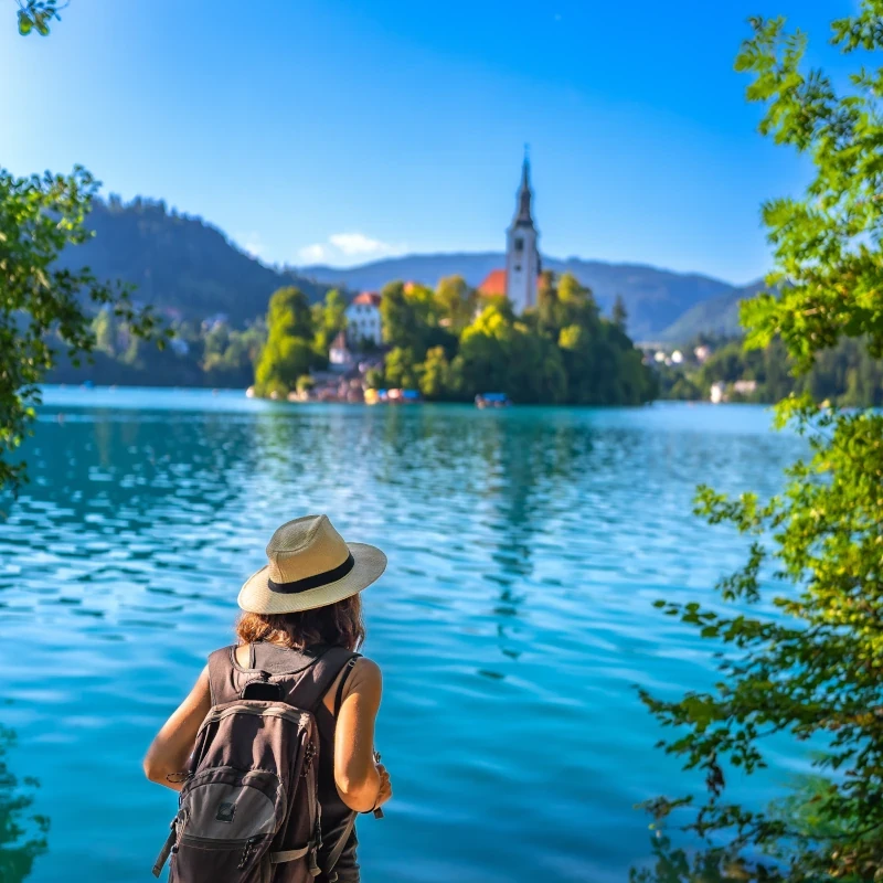 A girl hiking around lake Bled in the summer